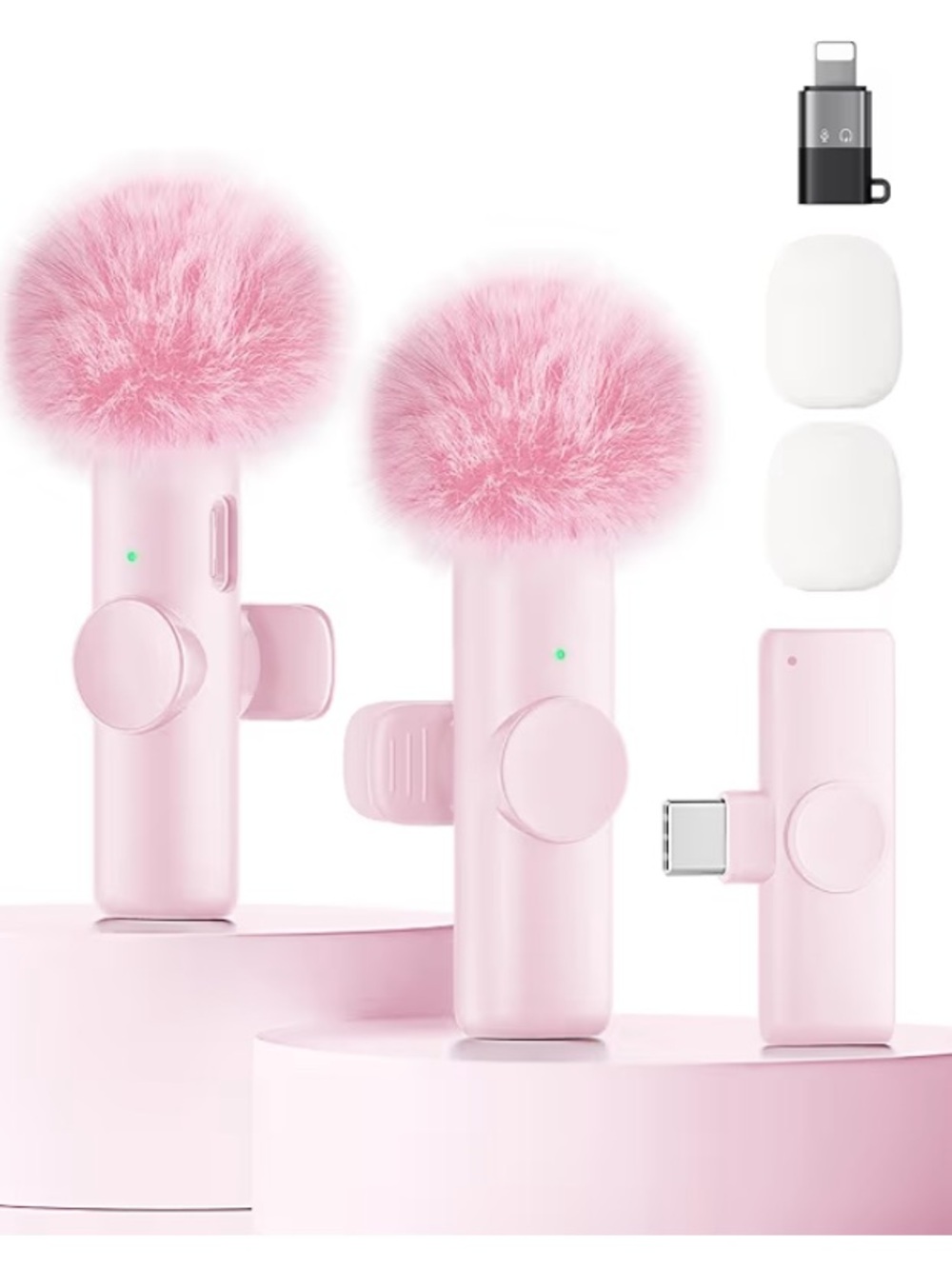 Pink WirelessUSB- C Rechargeable Microphone with Wind Muff for streaming